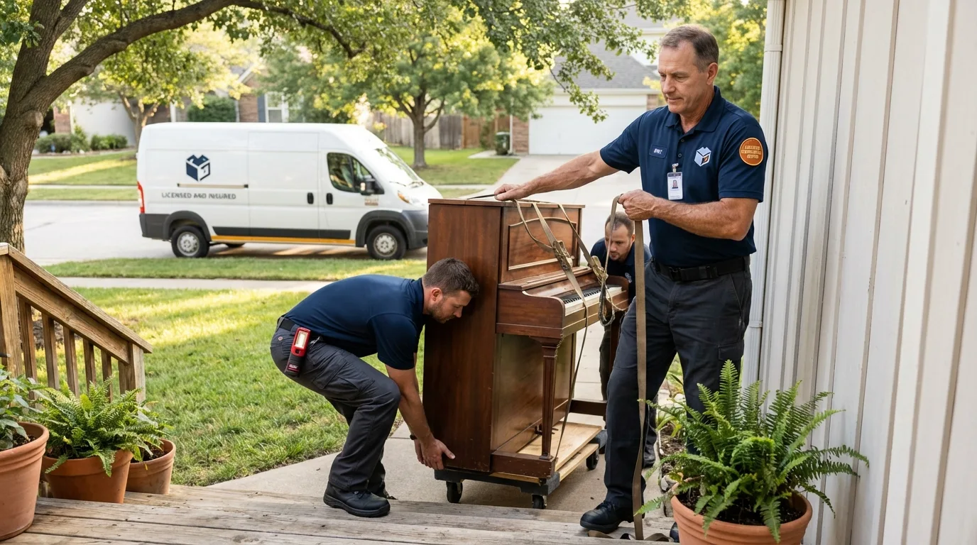 Licensed piano movers securing grand piano in Hurst, TX