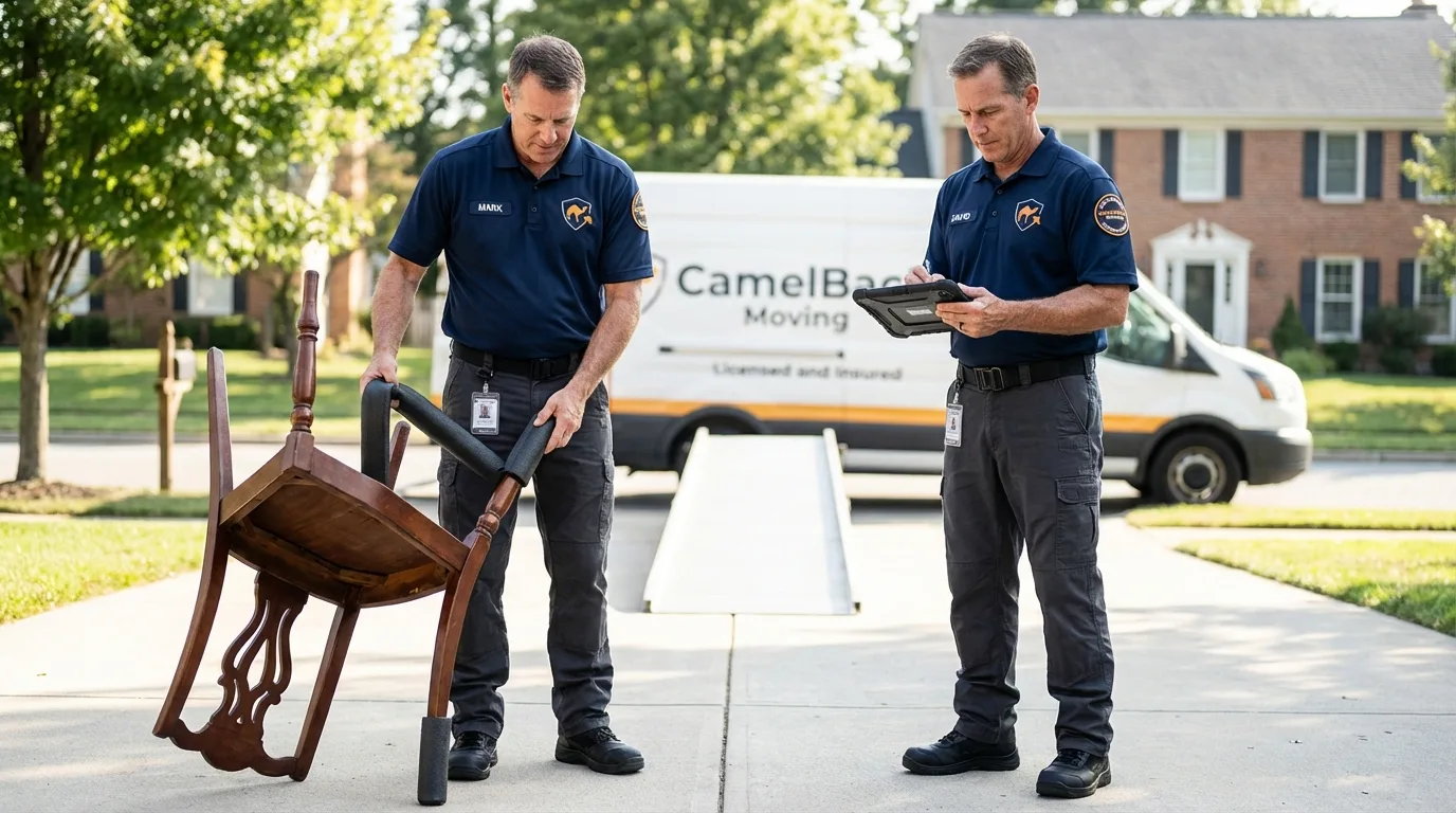 Movers inspecting furniture for damage prevention before loading in Hurst, TX