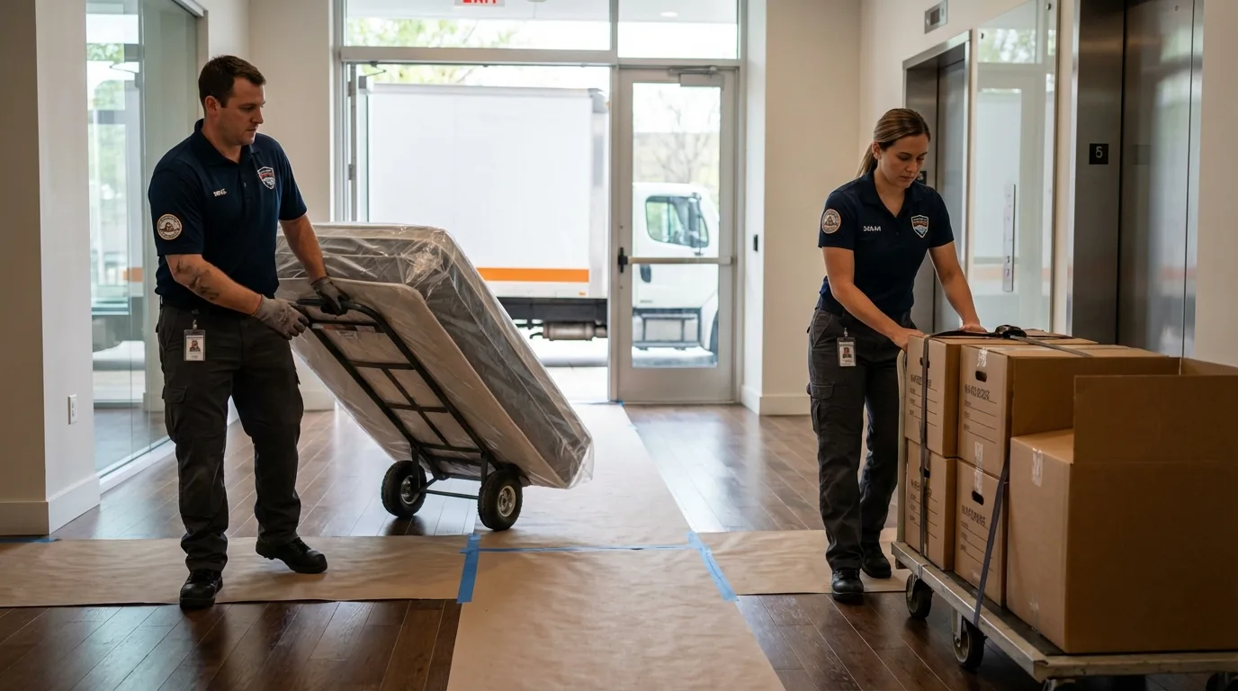 Professional apartment movers loading elevator in Hurst, TX