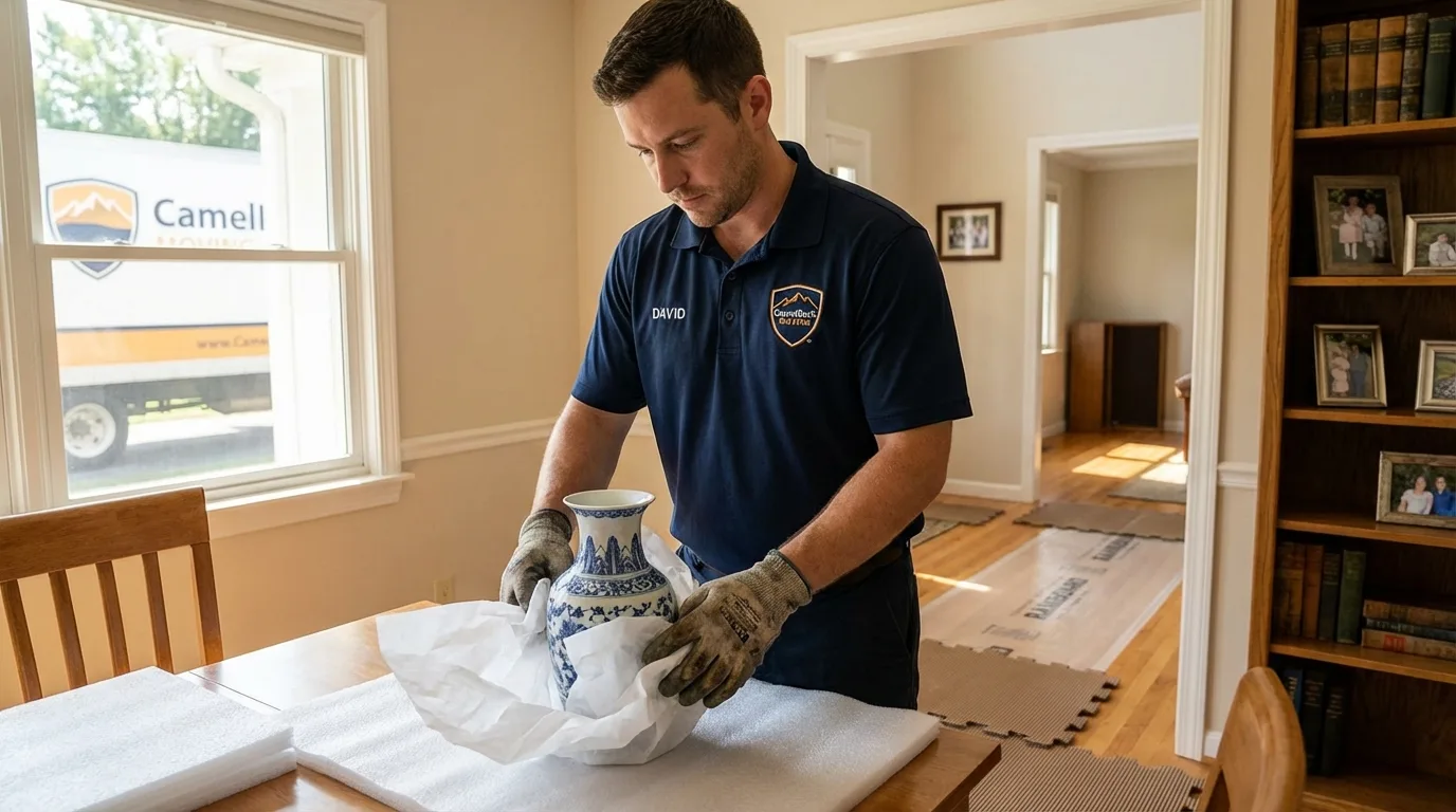 Professional crew carefully wrapping antique vase for senior downsizing move in Hurst, TX